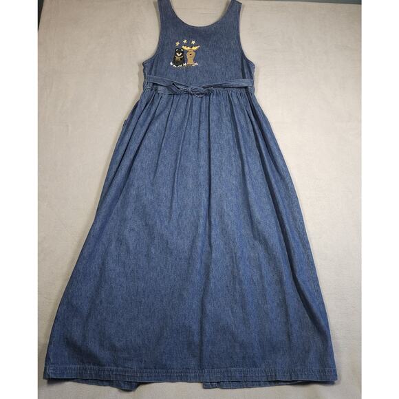 Vintage Denim Dress Womens 6 Nature Bear Cabin Embroidered Novelty Cottagecore - Picture 11 of 16